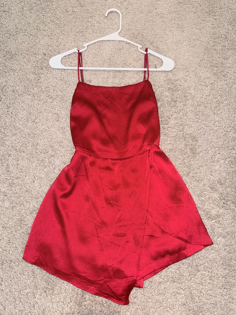 Romper - Red Satin Romper with Spaghetti Straps